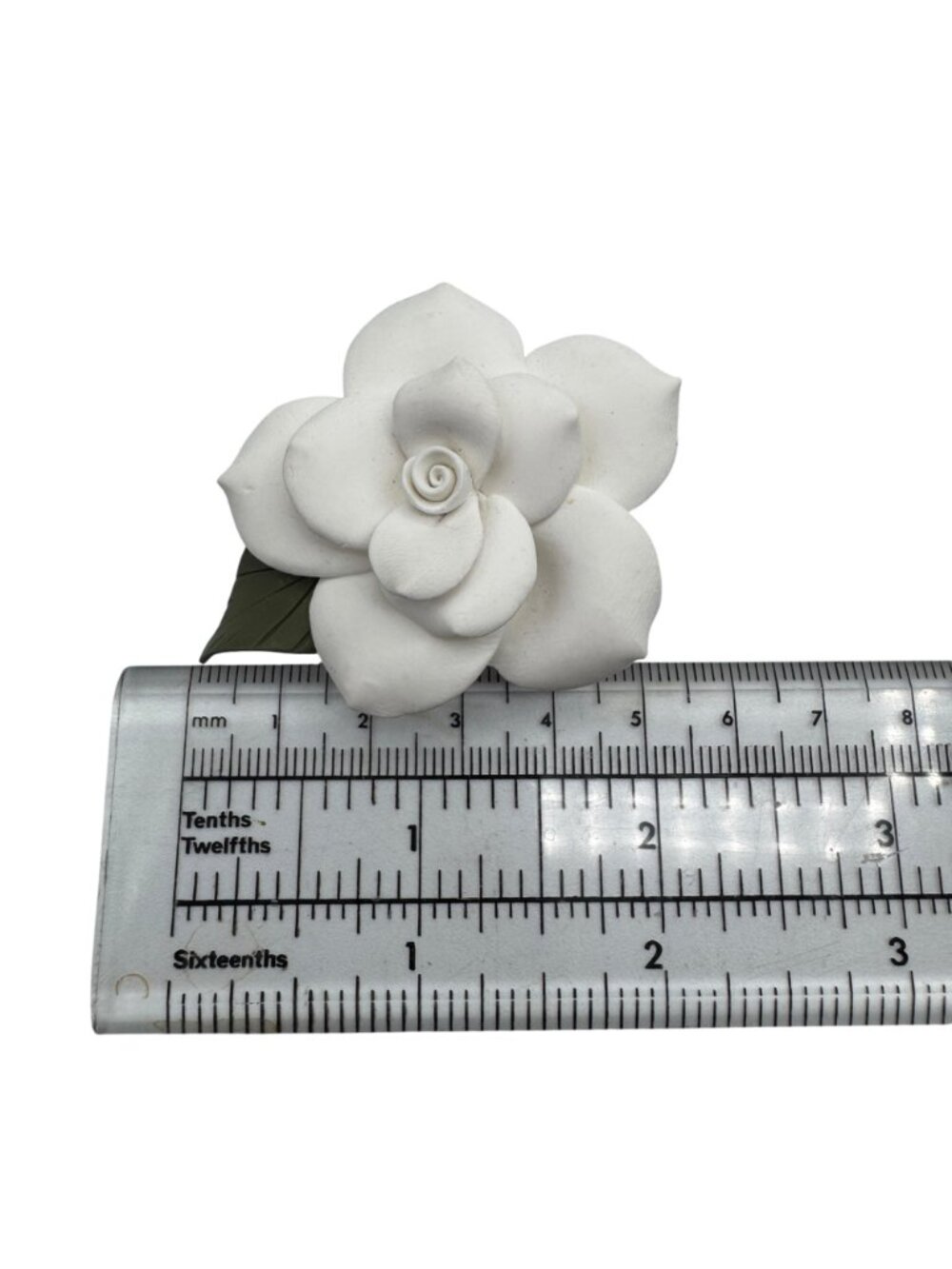 Figural Camellia Gardenia Floral Brooch Polymer Clay Signed Boutonniere Wedding - Picture 4 of 6